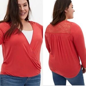 Torrid NWT Red Coral Long Sleeve Lace Back Wrap Surplice Top Tunic Plus Size 1X